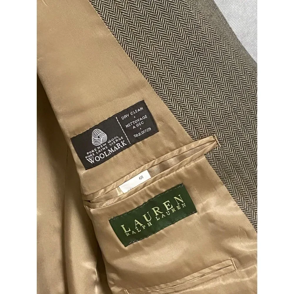 Ralph Lauren Blazer‎ Men 42R Gold Beige Herringbone 2B Wool Sport Coat Luxury